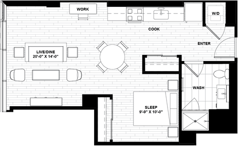 Floor plan for studio, 1 bath, 643 sqft