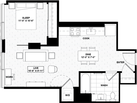Floor plan for 1 bed, 1 bath, 616 sqft