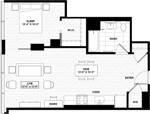 Floor plan for 1 bed, 1 bath, 703 sqft