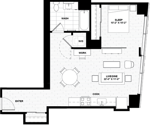 Floor plan for 1 bed, 1 bath, 674 sqft