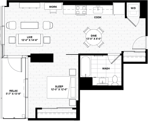 Floor plan for 1 bed, 1 bath, 678 sqft
