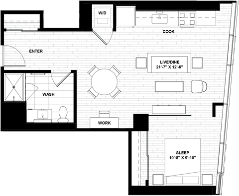 Floor plan for 1 bed, 1 bath, 659 sqft