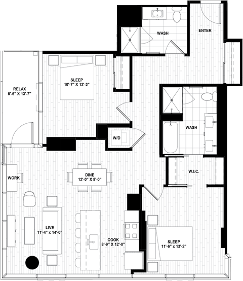 Floor plan for 2 beds, 2 baths, 1153 sqft