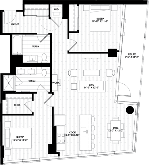 Floor plan for 2 beds, 2 baths, 1162 sqft