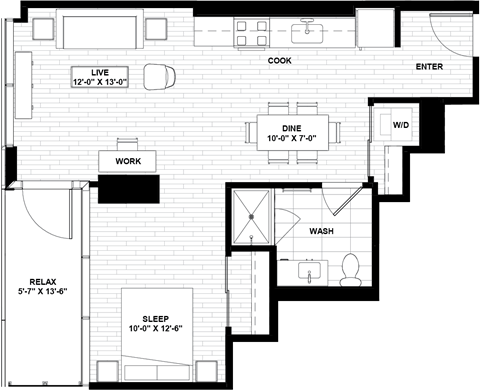 Floor plan for studio, 1 bath, 630 sqft