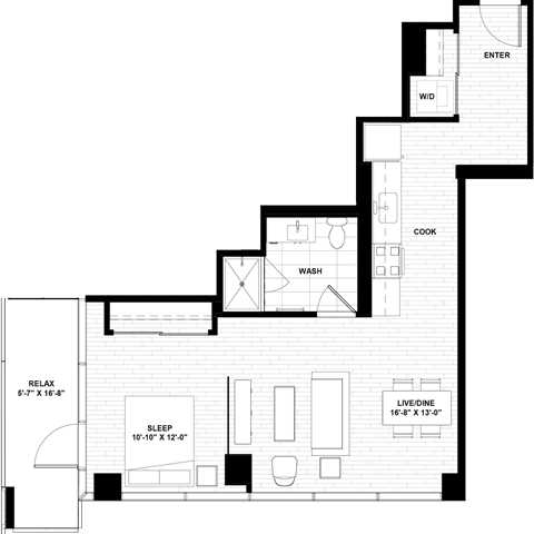 Floor plan for 1 bed, 1 bath, 657 sqft