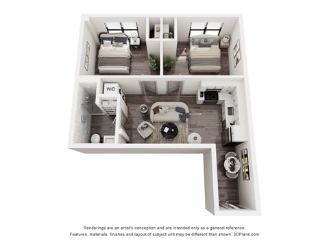 Floor plan for 2 beds, 1 bath, 632 sqft