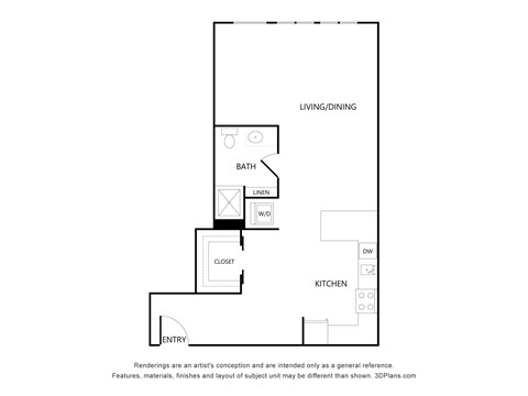 Floor plan for studio, 1 bath, 592 sqft