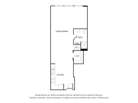 Floor plan for studio, 1 bath, 585 sqft