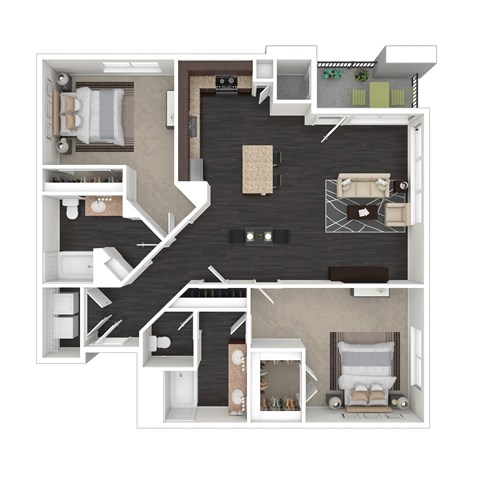 Floor plan for 2 beds, 2 baths, 1273 sqft