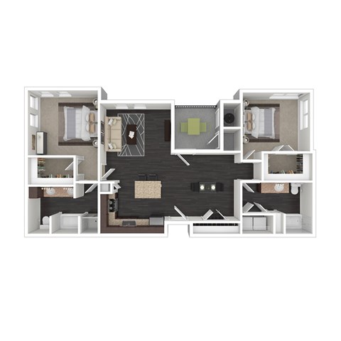 Floor plan for 2 beds, 2 baths, 1345 sqft