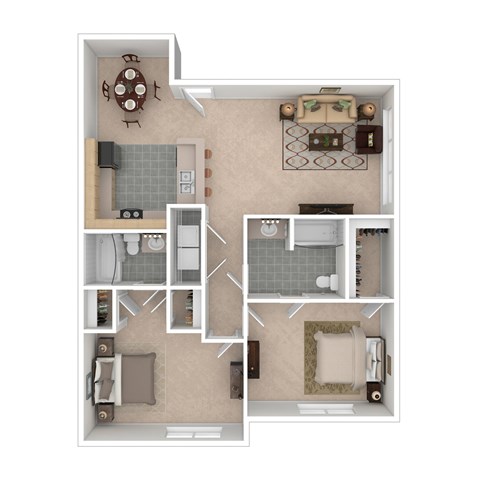 Floor plan for 2 beds, 2 baths, 1033 sqft