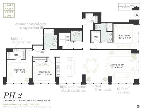 Floor plan for 3 beds, 2.5 baths, 1882 sqft