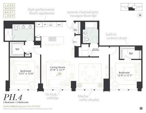 Floor plan for 2 beds, 2 baths, 1402 sqft