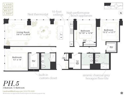 Floor plan for 3 beds, 3 baths, 1960 sqft