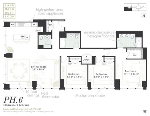 Floor plan for 3 beds, 3 baths, 1952 sqft