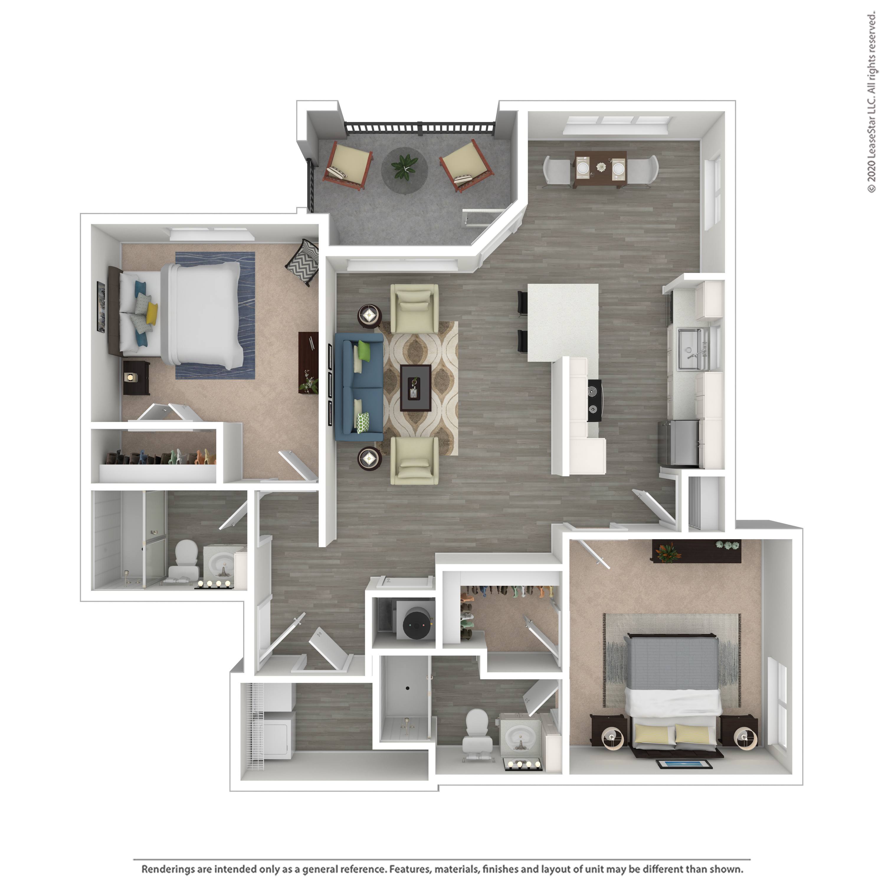 Floor plan for 2 beds, 2 baths, 1126 sqft