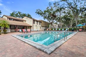 Palm Harbor apartment for rent - A rectangular pool with a metal railing around it.