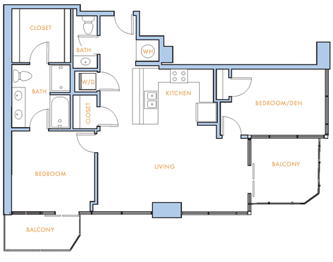 Floor plan for 1 bed, 1 bath, 1109 sqft