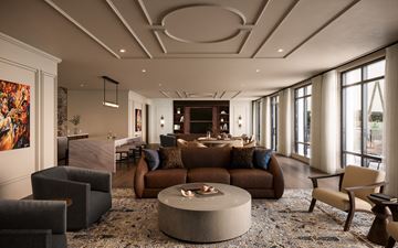 Kansas City apartment for rent - A modern living room with a grey sofa and a coffee table.