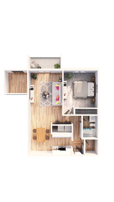 Floor plan for 1 bed, 1 bath, 770 sqft