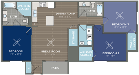 Floor plan for 3 beds, 2 baths, 1375 sqft