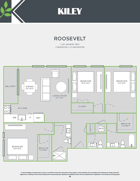 Floor plan for 3 beds, 2 baths, 1421 sqft