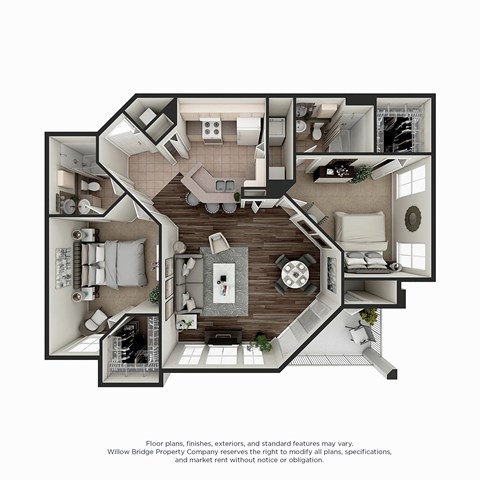 Floor plan for 2 beds, 2 baths, 1250 sqft