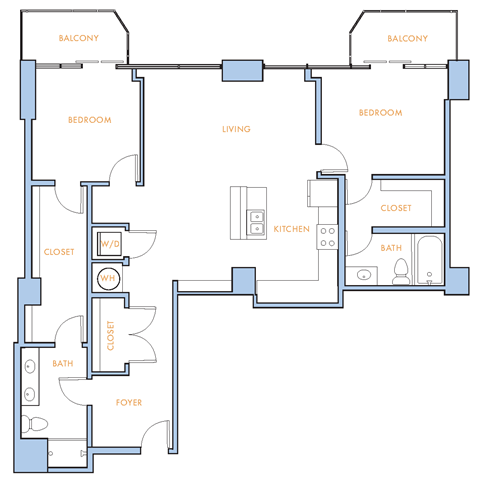 Floor plan for 2 beds, 2 baths, 1310 sqft