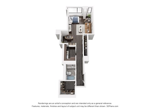 Floor plan for studio, 1 bath, 584 sqft