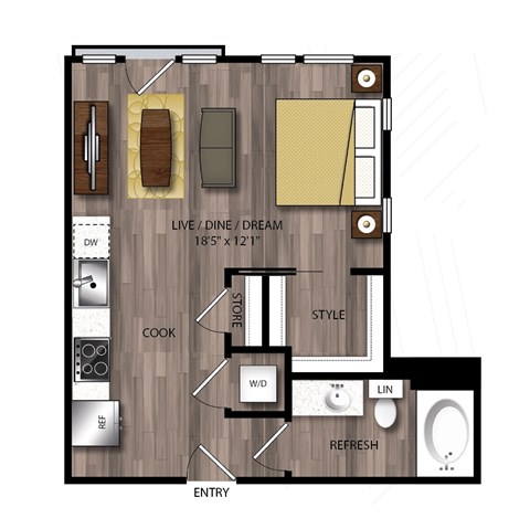 Floor plan for studio, 1 bath, 530 sqft
