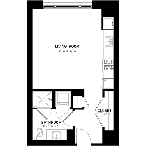 Floor plan for studio, 1 bath, 501 sqft