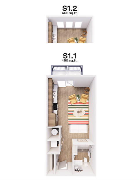 Floor plan for studio, 1 bath, 465 sqft
