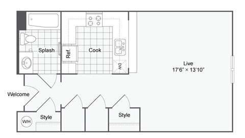 Floor plan for studio, 1 bath, 616 sqft