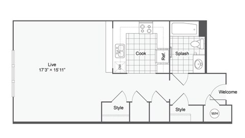 Floor plan for studio, 1 bath, 624 sqft