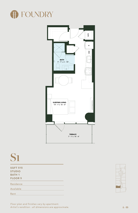 Floor plan for studio, 1 bath, 515 sqft