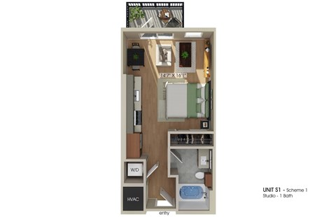 Floor plan for studio, 1 bath, 458 sqft