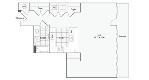 Floor plan for studio, 1 bath, 796 sqft