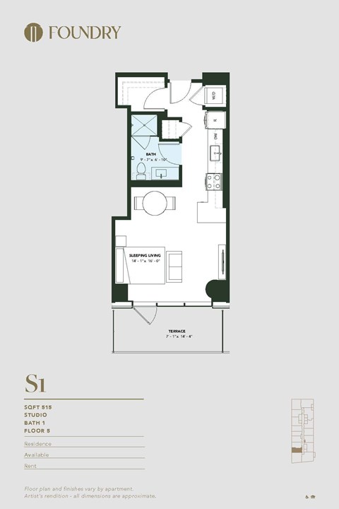 Floor plan for studio, 1 bath, 515 sqft
