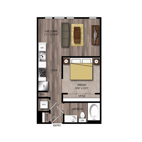 Floor plan for studio, 1 bath, 545 sqft