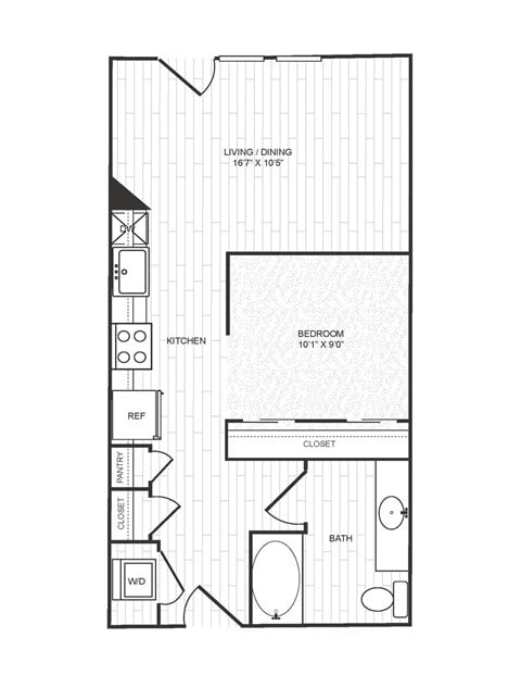 Floor plan for studio, 1 bath, 558 sqft