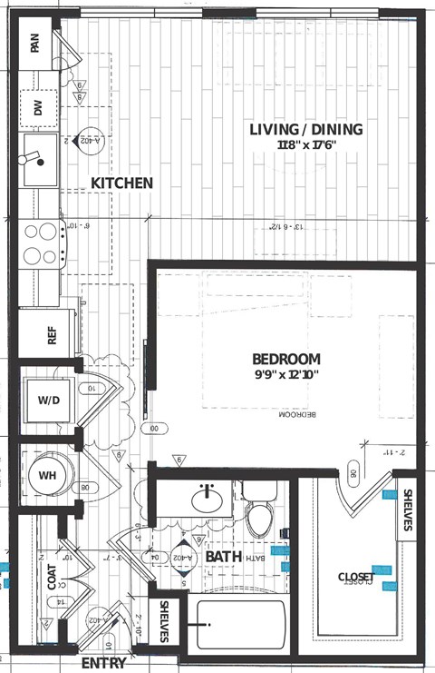 Floor plan for studio, 1 bath, 652 sqft