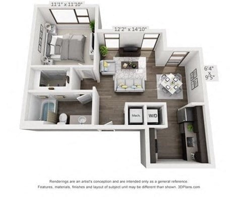 Floor plan for studio, 1 bath, 656 sqft