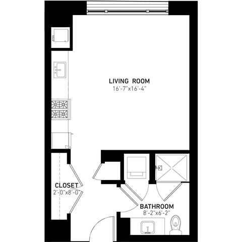 Floor plan for studio, 1 bath, 500 sqft