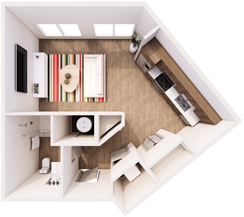 Floor plan for studio, 1 bath, 491 sqft