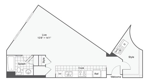 Floor plan for studio, 1 bath, 646 sqft