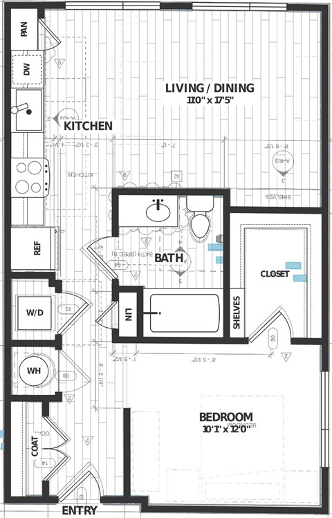 Floor plan for studio, 1 bath, 652 sqft