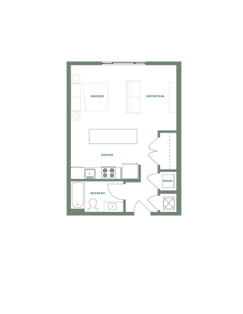 Floor plan for studio, 1 bath, 555 sqft