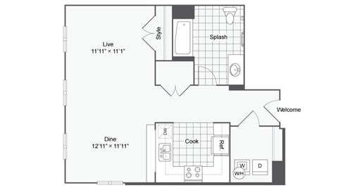 Floor plan for studio, 1 bath, 640 sqft