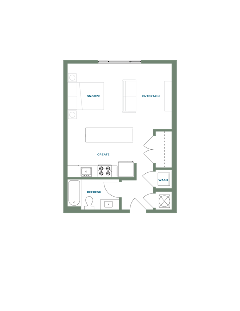 Floor plan for studio, 1 bath, 558 sqft